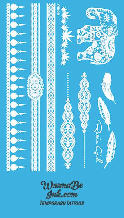 Beautiful Indian Elephant Cannabis Feather Pattern White Henna Style White Temporary Tattoo Sheet