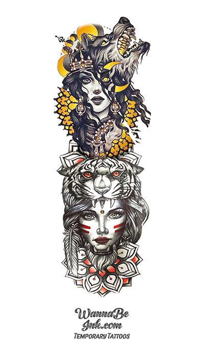 Beautiful Native Princesses with Howling Wolf and Lion Headdress Mandala Temporary Sleeve Tattoos