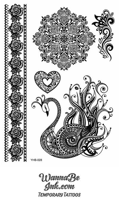 Beautiful Peacock Flower Heart Henna Style Black Temporary Tattoo Sheet