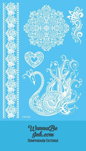 Beautiful Peacock Flower Heart Henna Style White Temporary Tattoo Sheet
