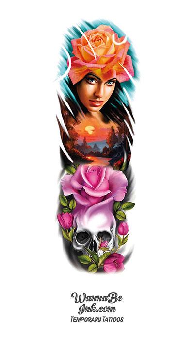 Beautiful Woman Rose Landscape Pink Roses Skull Temporary Sleeve Tattoos