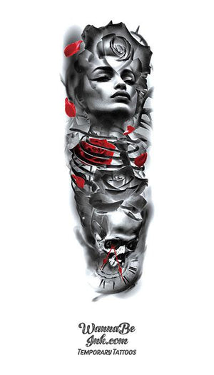 Beautiful Woman Roses Skull Bones and Clock Temporary Sleeve Tattoos