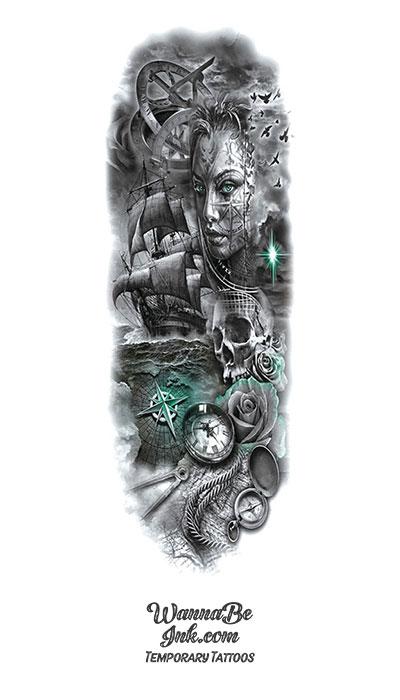 Beautiful Woman Ship Navigation Skull Roses Compass Temporary Sleeve ...