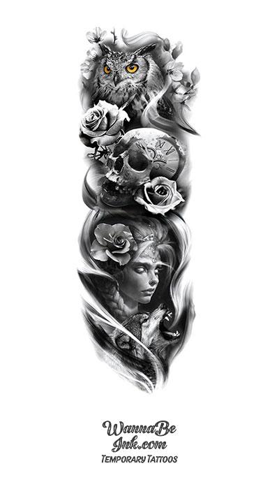 Beautiful Woman Skull Owl Roses Snarling Wolf Temporary Sleeve Tattoos