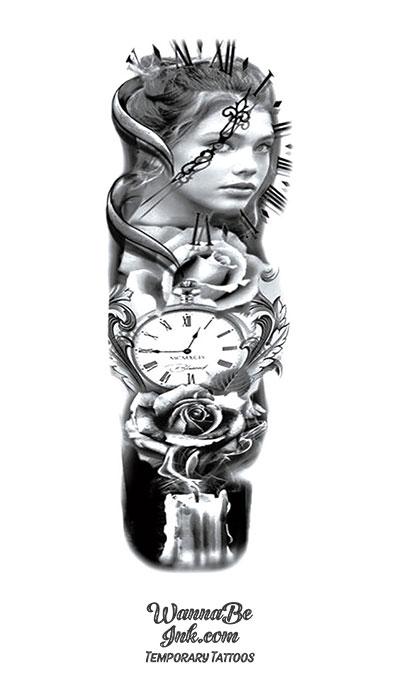 Beautiful Woman Time Stop Watch Rose Filigree Candle Temporary Sleeve Tattoos