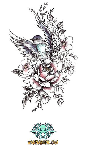 Bird Surrounded By Flowers Best Temporary Tattoos