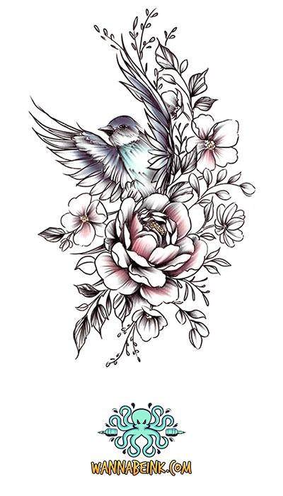 Bird Surrounded By Flowers Best Temporary Tattoos