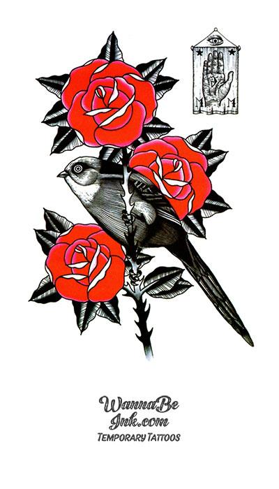 Bird In Red Roses Best Temporary Tattoos