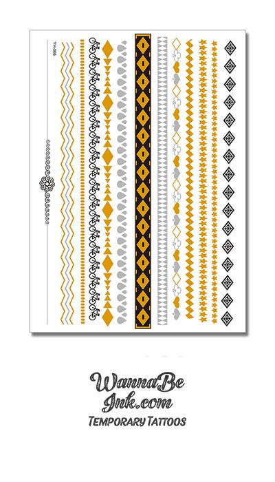 Black and Gold Diamond and Waves Pattern Metallic Temporary Tattoos