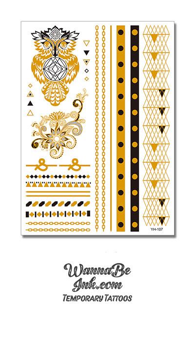 Black and Gold Owl with Flower and Bands Woven with Flags Metallic Temporary Tattoos