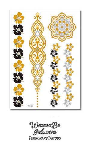 Black and Gold Pansies Chain and Gold and Silver Mandala Metallic Temporary Tattoos