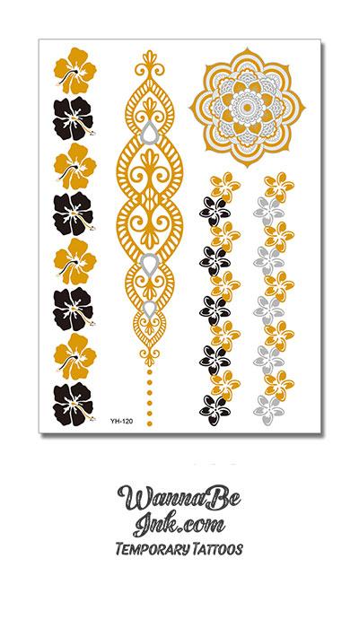 Black and Gold Pansies Chain and Gold and Silver Mandala Metallic Temporary Tattoos
