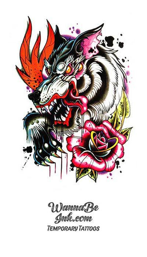 Black And Gray Wolf With Red Flames Best Temporary Tattoos