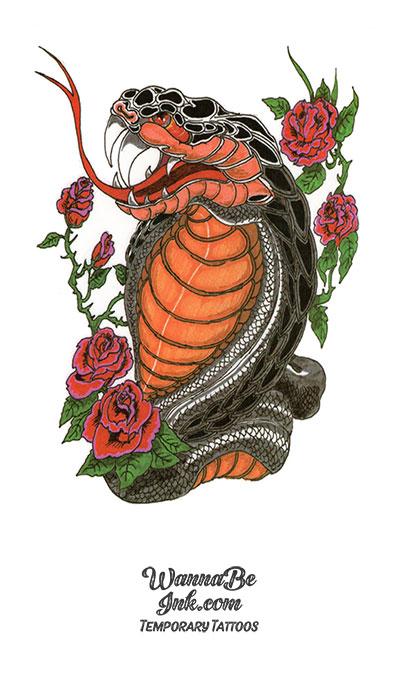 Black and Orange Viper Head with Roses Best Temporary Tattoos