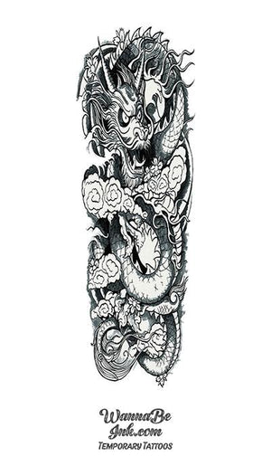 Black and White Asian Dragon In The Clouds Temporary Sleeve Tattoos