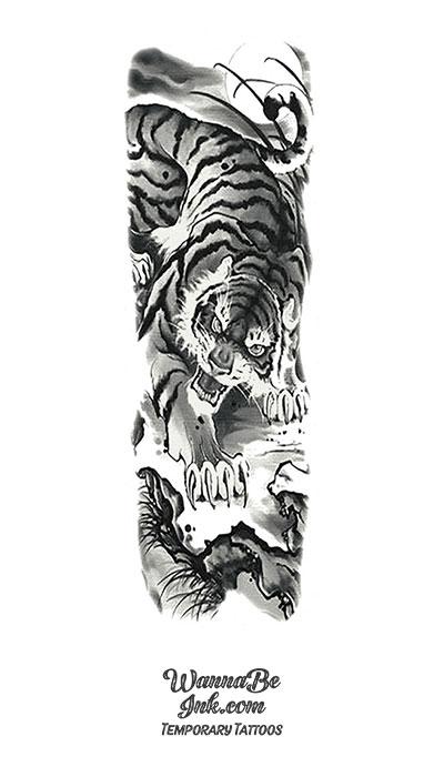 Black And White Asian Tiger Temporary Sleeve Tattoos