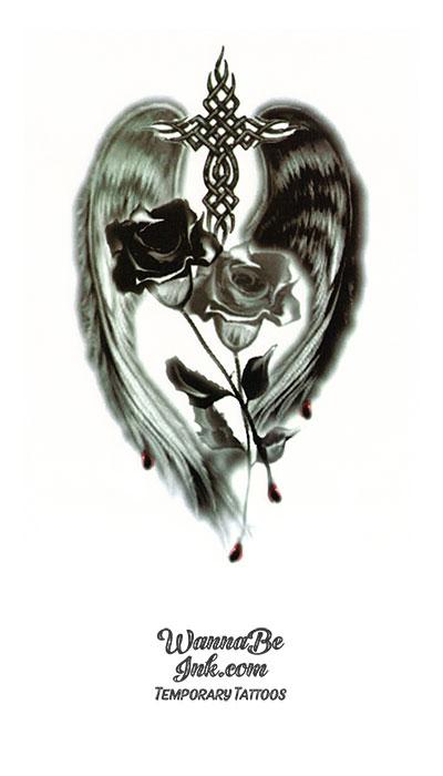 Black and White Birds and Roses on Cross Best Temporary Tattoos