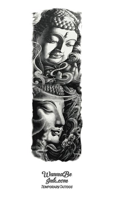 Black and White Buddhas with Dragon Temporary Sleeve Tattoos