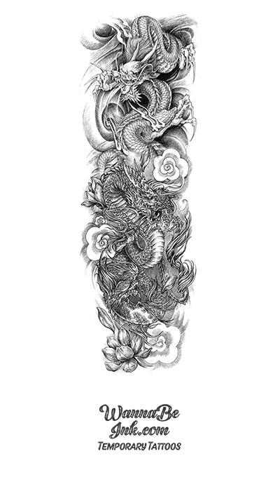 Black and White Asian Dragon In The Clouds Temporary Sleeve Tattoos|  WannaBeInk.com