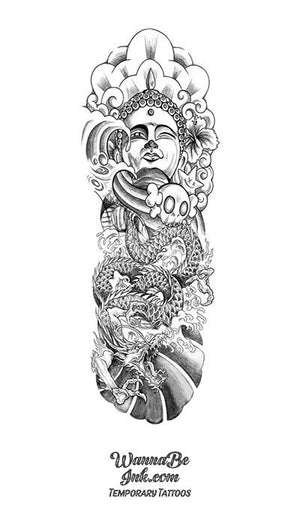 Black and White Dragon Buddha Star Skull Temporary Sleeve Tattoos