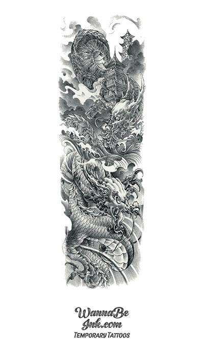 Black and White Dragon Pagoda Temporary Sleeve Tattoos