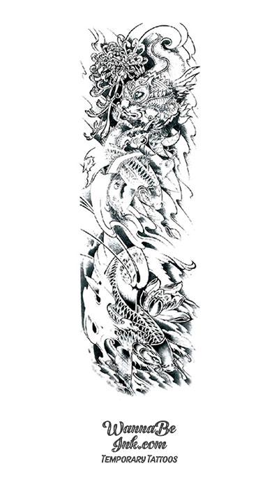 Black and White Dragon and Koi Fish Temporary Sleeve Tattoos ...