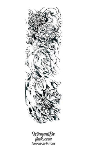 Black and White Dragon and Koi Fish Temporary Sleeve Tattoos