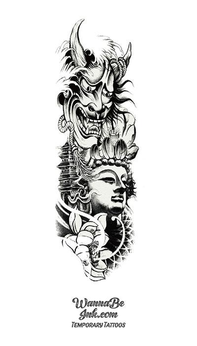 Black and White Kabuki Demon with Buddha Lotus and Pagoda Temporary Sleeve Tattoos