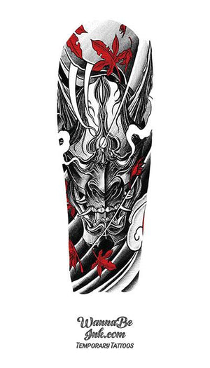 Black and White Kabuki Demon with Red Falling Leaves Temporary Sleeve Tattoos