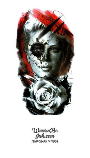 Black and White Rose Woman With Compass Eye Red Background Best temporary Tattoos