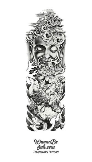 Secret Society Tattoo - Half sleeve of Buddha, temple and lotus flower. The  client already had some japanese style work and wanted to expand his  collection onto the upper arm. We will