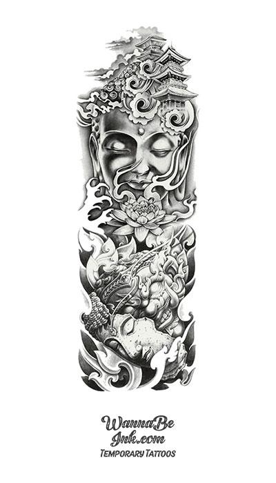 Black and White Sitting Buddha with Lotus Flowers and Pagoda Temporary Sleeve Tattoos