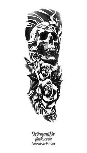 Black and White Skull Roses and Monarch Butterflies Temporary Sleeve Tattoos