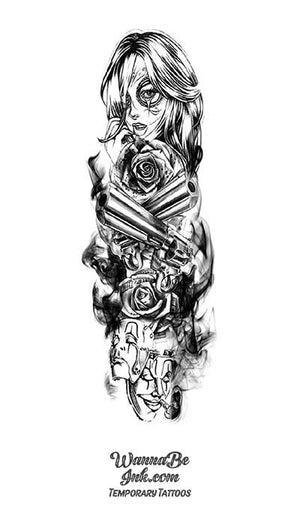 Black and White Sugar Skull Guns Roses Playing Cards Temporary Sleeve Tattoos