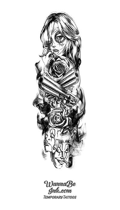 Black and White Sugar Skull Guns Roses Playing Cards Temporary Sleeve Tattoos| WannaBeInk.com Black and White Sugar Skull Guns Roses Playing Cards Temporary Sleeve Tattoos| WannaBeInk.com