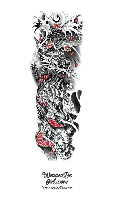 Black and White with Red Accent Dragon kabuki Demon Cherry Blossom Temporary Sleeve Tattoos