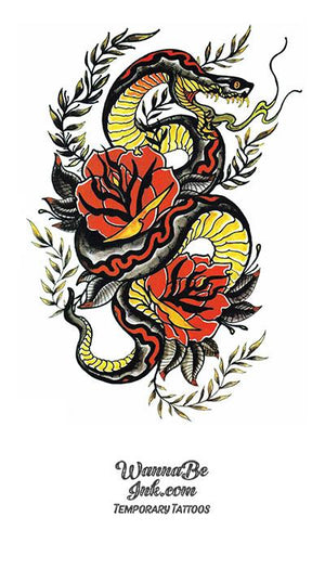 Black and Yellow Snake Red Roses Best Temporary Tattoos
