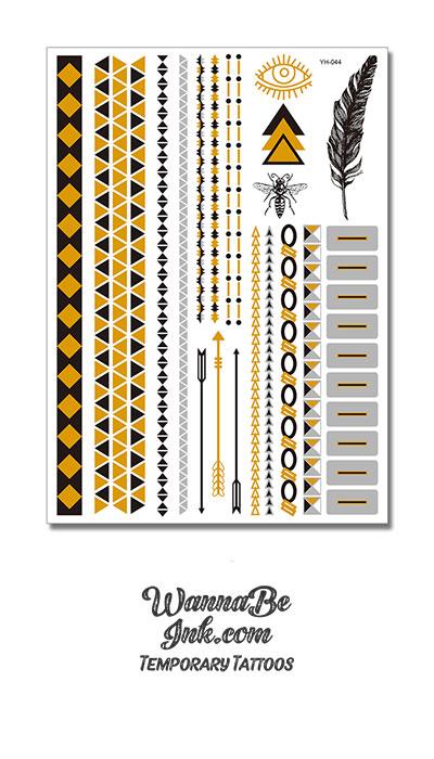 Black Bee Arrows and Feather Designs Metallic Temporary Tattoos