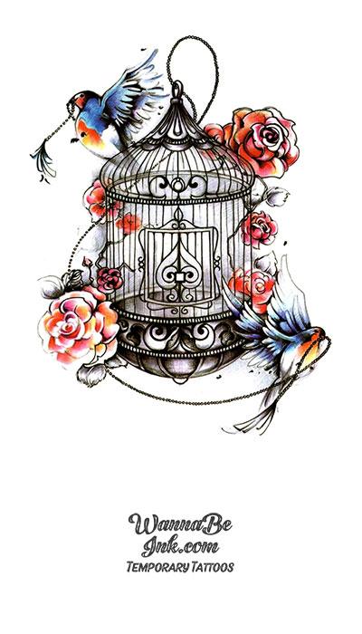 Black Bird Cage with Hummingbird and Flowers Best Temporary Tattoos