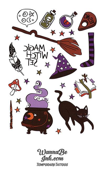 Black Cat and Witches Potion Tools Best Halloween Tattoos