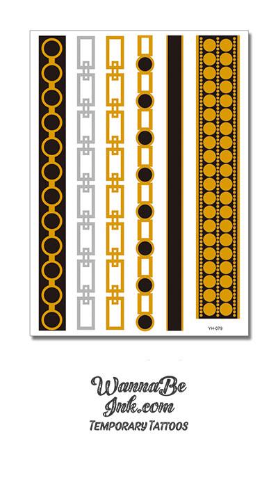 Black Circles Gold and Silver Square Chain Pattern Metallic Temporary Tattoos