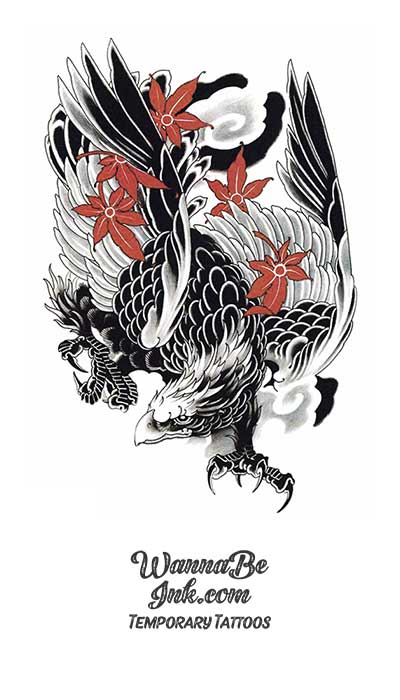 Black Eagle With Red Flowers Best Temporary Tattoos