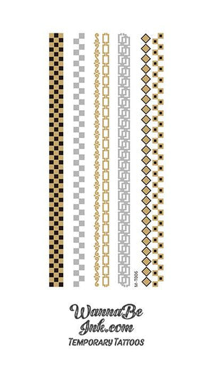 Black Gold and Silver Checkered Designed Chains Metallic Temporary Tattoos