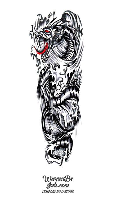 Black Illustrated Dragon Temporary Sleeve Tattoos