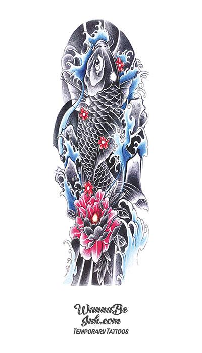 Black Koi Fish with Pink and Red Lotus Flowers Temporary Sleeve Tattoos ...