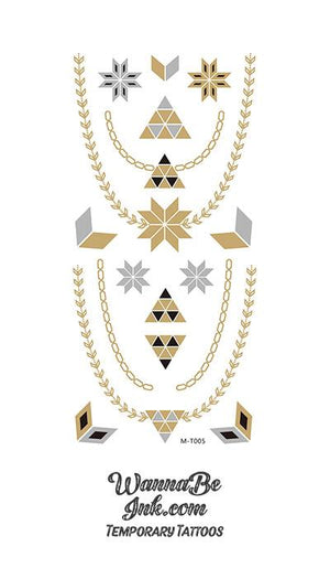 Black Silver and Gold Diamond Designs with Gold Chains Metallic Temporary Tattoos