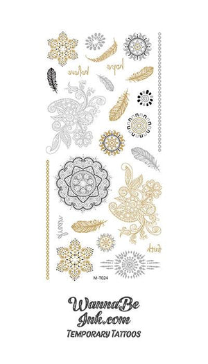 Black Silver and Gold Feathers and Mandala Designs Metallic Temporary tattoos