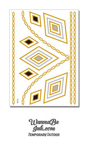 Black SIlver and Gold Line Diamonds and Gold Chains Metallic Temporary Tattoos