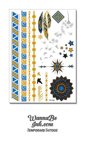 Blue and Gold Diamond Weave with Birds Feathers Compass and Mandala Metallic Temporary Tattoos