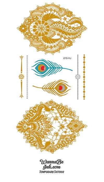 Blue and Gold Peacock Feathers with Gold Flower Patterns Gold Temporary Tattoos
